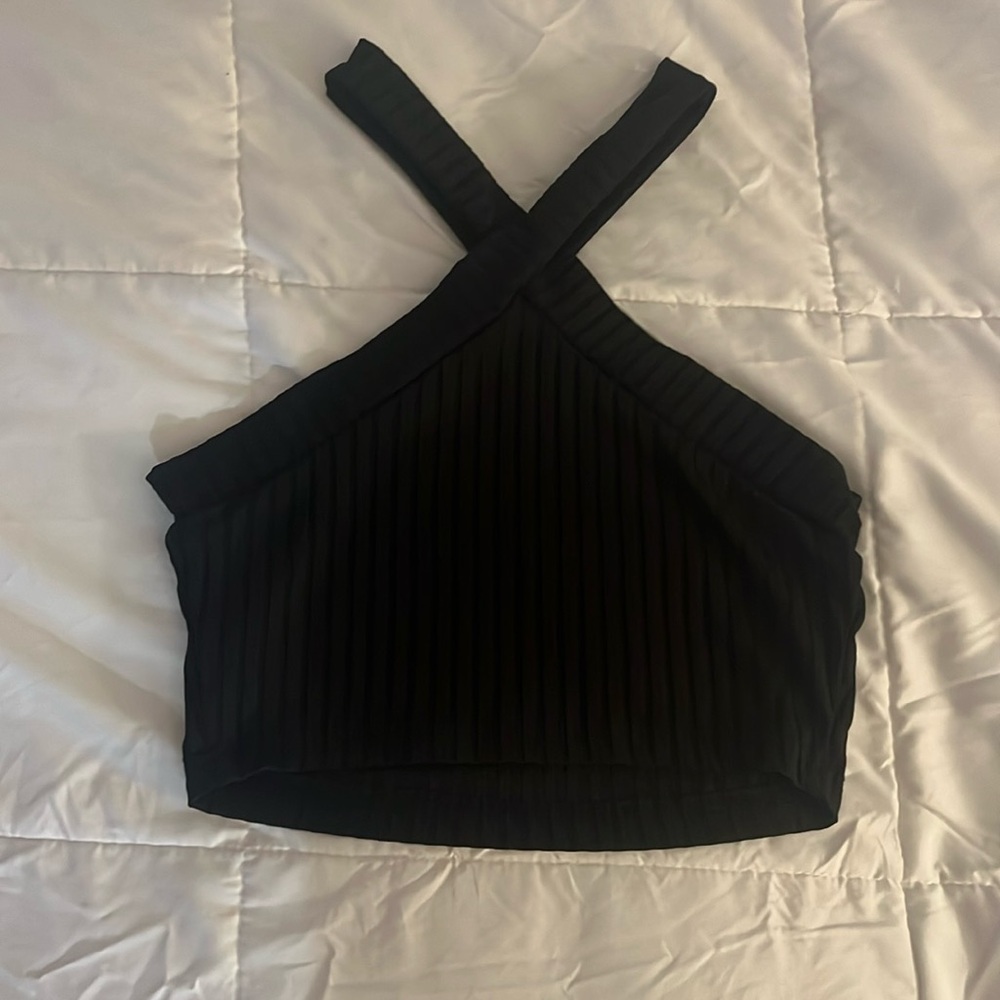 Black Cropped Cross Neck Top